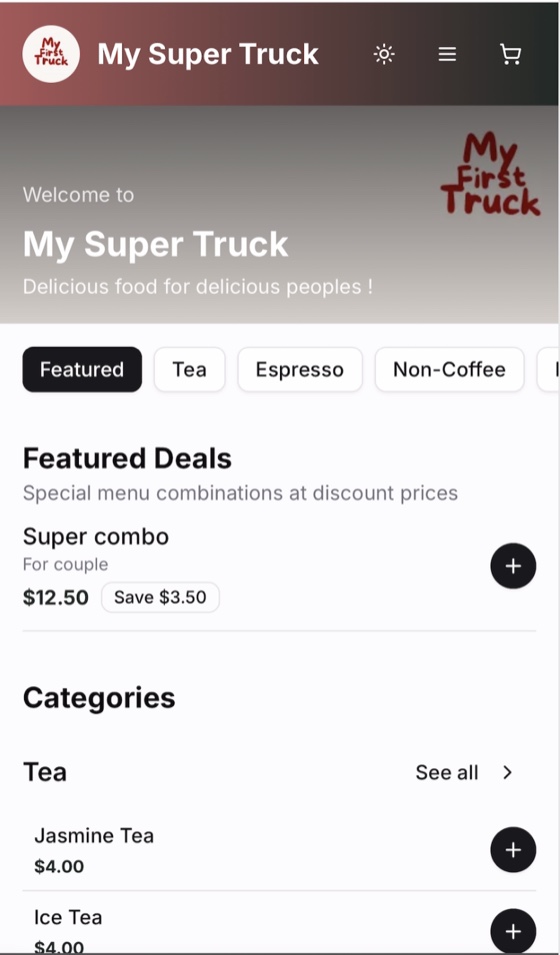 Menu client mobile de Food Trucker avec offres et catégories de produits