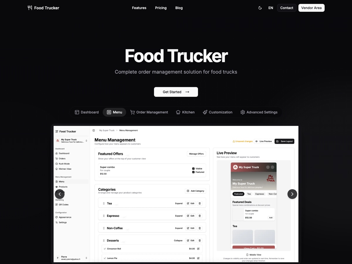 Page d'accueil de Food Trucker montrant l'interface de gestion du menu et son aperçu mobile