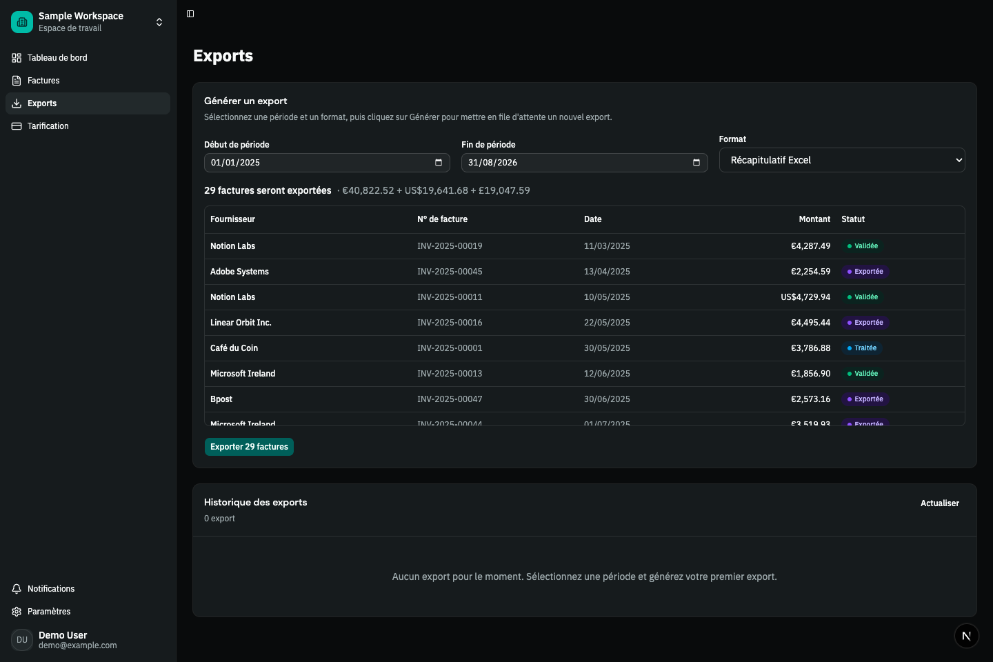 Aperçu d'un export de factures avec la période, les documents inclus, les totaux et le format choisi