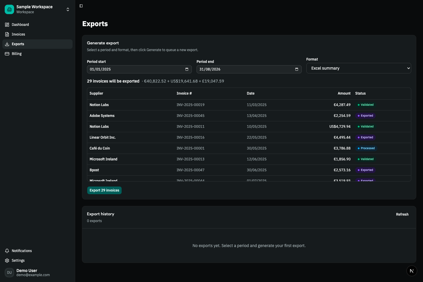 Invoice export preview showing the selected period, included invoices, totals and export format