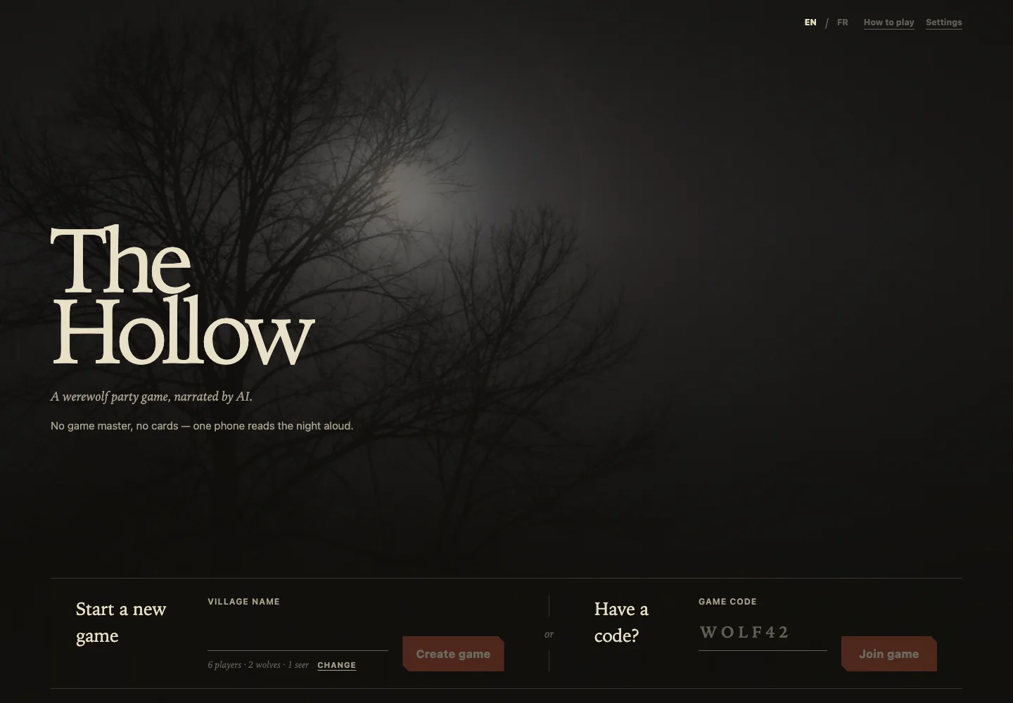 La page d'accueil de Loup-Garou avec une forêt sombre et les commandes du jeu